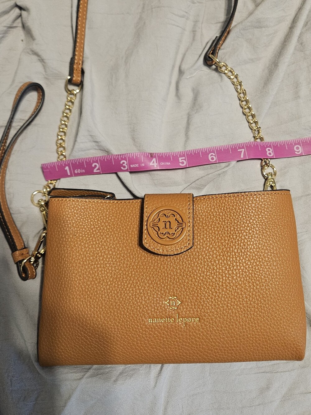 Nanette Lepore Tan Leather Crossbody Wristlet with Gold Hardware - Picture 8 of 9